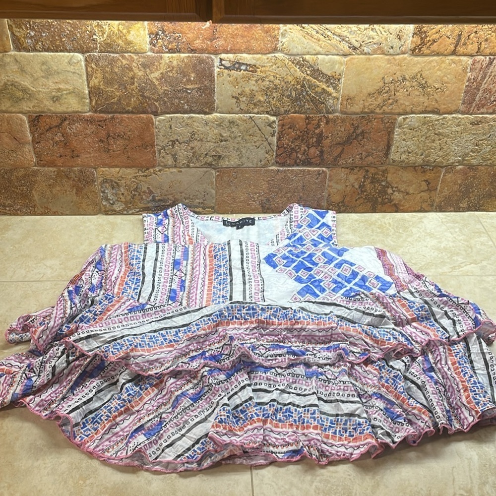 Carine Dress Size S Mini Crinkle Fabric Ruffle Sleeveless Lined White Blue - Picture 5 of 9